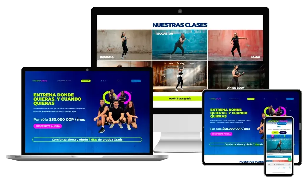 Plataforma EntrenoOnline en computador, portátil, tablet y celular